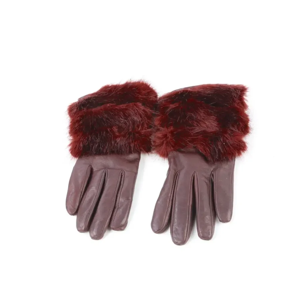 Gala Gloves 7 Brown Leather Winter Gloves Burgundy Faux Fur Cuff Luxury Italy